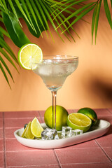 Margarita, alcoholic cocktail with lime, silver tequila, ice cubes and salt. Pink tropical background. - 790807841