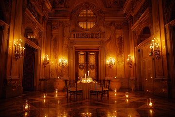 An intimate dinner setting in a small candlelit alcove within a grand hall