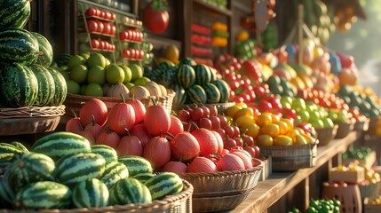 3D fruit market with watermelons, vibrant and cinematic. Simple background.