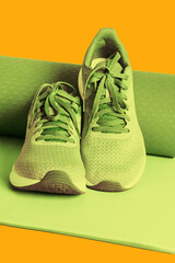Sneakers and yoga mat. Fitness and healthy lifestyle concept.