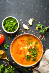 Lentil soup. Red lentil soup, traditional middle eastern food. Top view, vertical image.