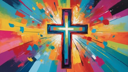 Christian Symbolism, Colorful Abstract Art Depicting a Cross in Vibrant Hues.