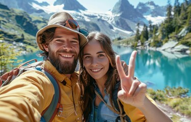 Young Couple hikers climbing the cliff taking selfie pic with smart mobile phone on top of the mountain - Sport, technology and travel life style concept