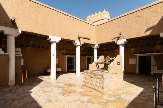 Riyadh, Saudi Arabia - February 10 2023: The historic well displayed in the Interior of the Masmak fort in Riyadh old town in Saudi Arabia capital city.