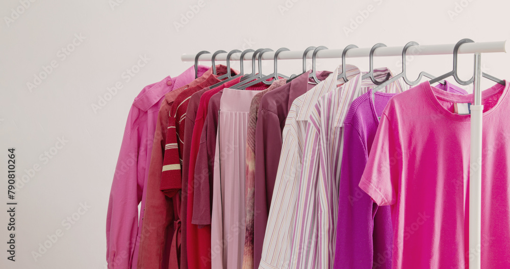 Wall mural women's clothing in pink and burgundy trendy colors on a hanger