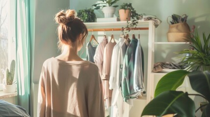 A woman is standing in front of a closet with a bunch of clothes hanging on it - Powered by Adobe