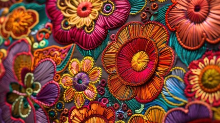 Macro view of a colorful 3d intricately carved embroidered art, mexican traditional style, golden...