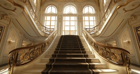 Art Deco 3D render ornamental staircase with art deco railings - obrazy, fototapety, plakaty