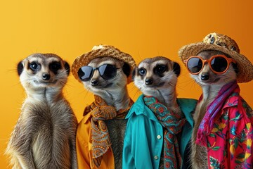 Meerkat in a group, vibrant bright fashionable outfits isolated on solid background advertisement, copy text space. party  invitation banner, AI generated