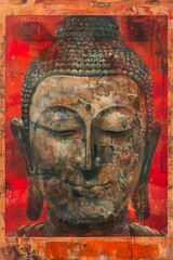 Buddha Head Painting on Red Background