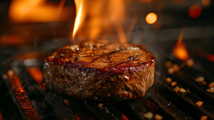 Image of steak grilled to perfection There are grill marks on the juicy meat.
, picture of steak on a grill with flames