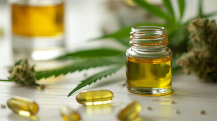 CBD oil in a glass bottle, capsules, and cannabis buds on a wooden surface with a blurred background.