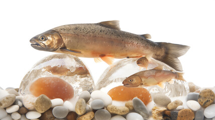 Two trout fish appear to be swimming above pebbles and water bubbles, isolated on white.