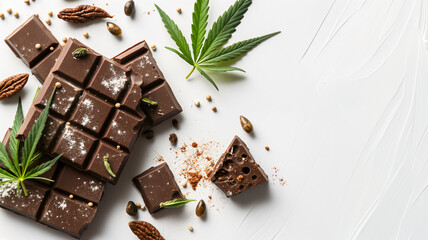 Chocolate bars with hemp leaves, nuts, and seeds scattered on a white background.