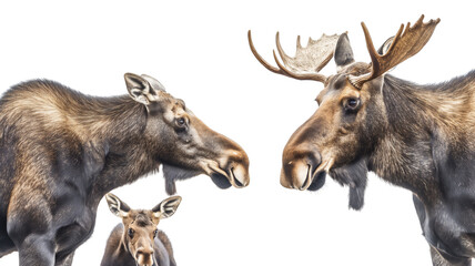 Three moose with different head positions isolated on a white background.