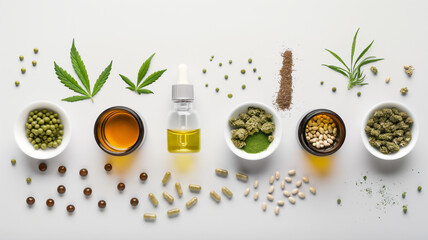 Arrangement of cannabis leaves, CBD oil, capsules, and buds with seeds on a white background. - obrazy, fototapety, plakaty