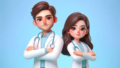 Two animated doctors standing with confidence in white coats against a light blue background