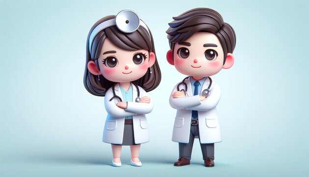 Two animated doctors standing with confidence in white coats against a light blue background