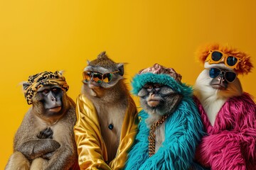  monkey in a group, vibrant bright fashionable outfits isolated on solid background advertisement, copy text space , AI generated - obrazy, fototapety, plakaty
