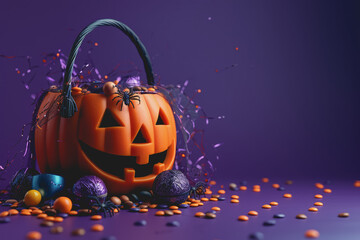 Halloween decorations pumpkin basket with candies and spiders on isolated violet background.