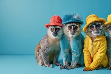  monkey in a group, vibrant bright fashionable outfits isolated on solid background advertisement, copy text space , AI generated