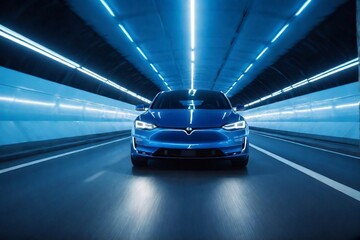 Futuristic EV car rides through tunnels with blue light and motion blur, copy space for placing...