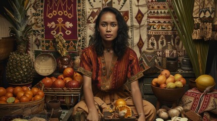 Traditional Market Scene: Woman with Exotic Fruits and Textiles