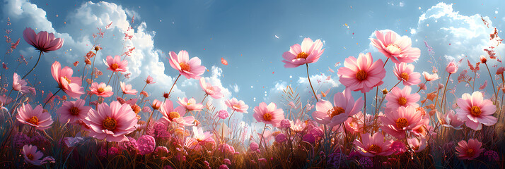 Vibrant Wildflower Meadow with Delicate Clouds and Border Design