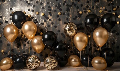a photo with a backdrop of black and gold balloons
