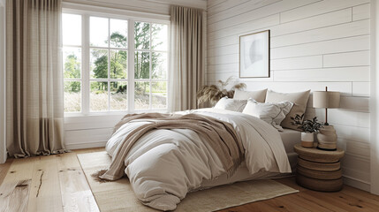 Scandinavian style bedroom with white shiplap walls and light hardwood floors