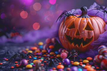 Halloween decorations pumpkin basket with candies and spiders on isolated violet background.