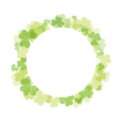 Round frame of green clover with place for text. Background for St. Patrick's Day or summer, spring. Vector illustration in flat style. Clover leaves in watercolor style. 
