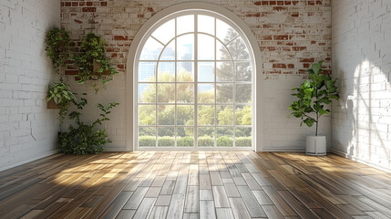Step into an empty room with an arched window, shiplap flooring, and a brick wall, perfect for a creative studio or modern office setting. - obrazy, fototapety, plakaty