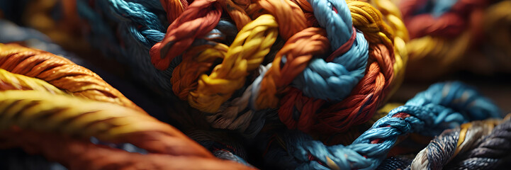 3:1 banner. Vivid Knots: Close-up of Brightly Colored Twists. Perfect for arts and crafts fairs,...