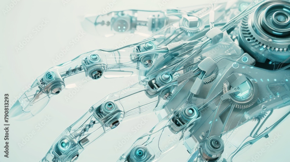 Poster a close-up of a robotic hand with intricate gears and wires visible beneath a translucent casing, sh