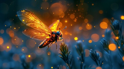 Naklejka premium Glowing Firefly Soaring at Sunset, generative ai