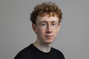 Fototapeta premium Serene Young Man with Round Glasses in Close-Up Waist-Up Portrait on Neutral Background 