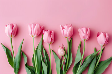 Fototapeta premium Beautiful composition spring flowers. Bouquet of pink tulips flowers on pastel pink background. Valentine's Day, Easter, Birthday, Happy Women's Day, Mother's Day. Flat lay, top view, copy space
