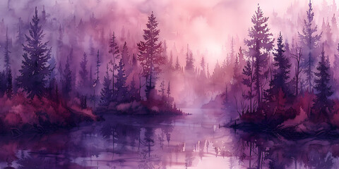 Serene Pink-Violet Forest Scene by the Water's Edge