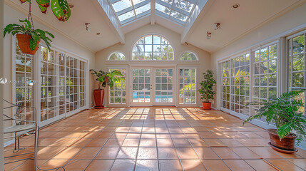 Bright and airy sunroom with vaulted ceilings, skylights, and tile floors
