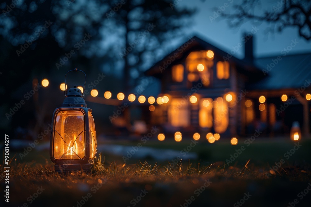 Poster a nostalgic scene with a vintage lantern against the backdrop of a warm, bokeh light setting and a c