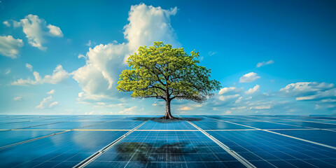 Tree sprouting from the field of solar panels, symbolize the growth of renewable energy and a sustainable future of zero carbon emissions