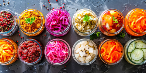 Collection of assorted fermented foods displayed in clear glass jars