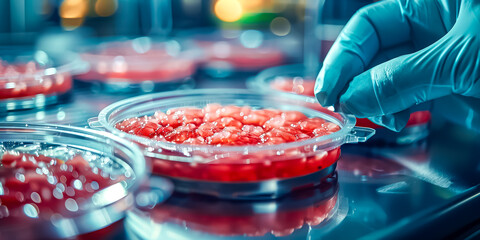The hand of a laboratory worker in blue protective gloves touching a petri dish with red samples - obrazy, fototapety, plakaty
