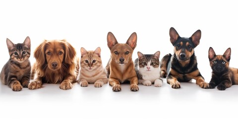 Smiling pets lined up against white background