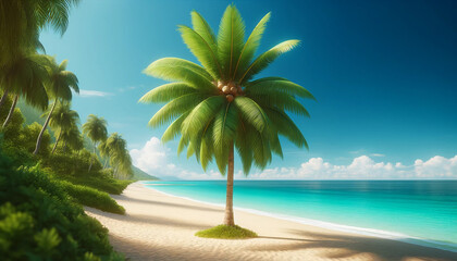Summer tropical beach scene on a sunny day, featuring a prominent coconut tree as the main focus. 
