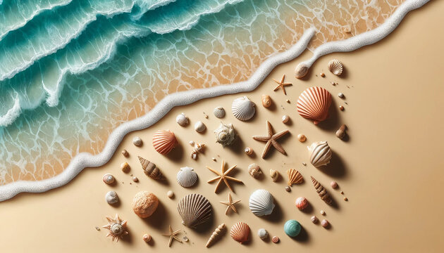 Top view image of a beach seaside in a vector style, featuring isolated seashells, starfish, and sea conches scattered across sand,