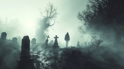 A dramatic papercut artwork depicting a lone figure walking through a foggy cemetery, with tombstones casting long shadows.