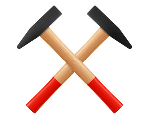 Two Crossed Hammers icon, isolated on white background. Working tool of carpenter, builder. Tools with wooden handles and steel base, for hammering nails. Realistic 3d vector illustration