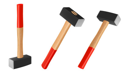 Sledge hammers in different angles, isolated on white background, Sledgehammer used for heavy blacksmith work, dismantling and assembly of structures. Realistic 3D vector illustration